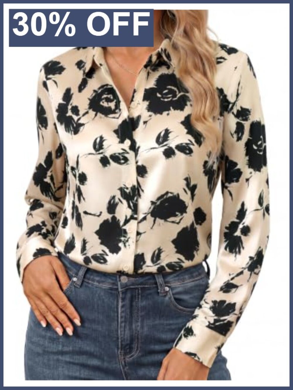 Women Long Sleeve Satin Button Down Shirt Collared Blouse